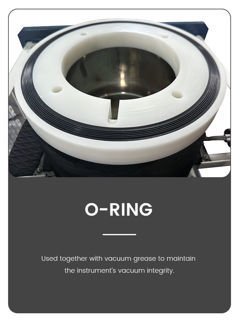 Infographic detail of a vacuum freeze dryer O-ring seal, showcasing the black rubber gasket designed to maintain tight chamber vacuum integrity.